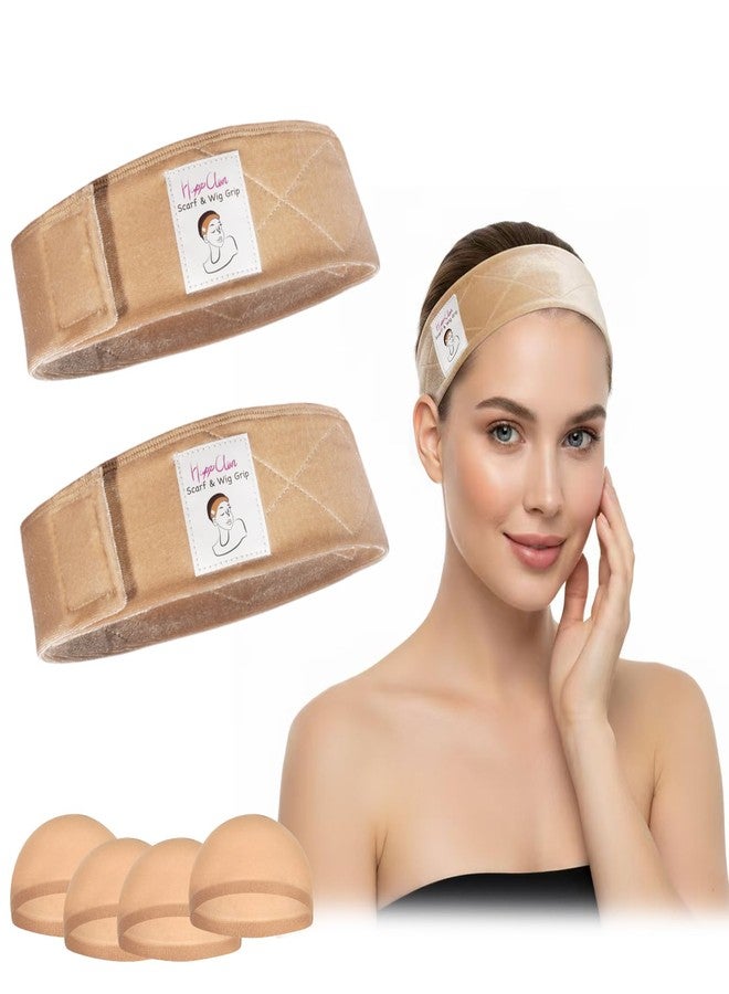 HappClan 2 Pack Velvet Wig Grip Band with 4 Caps, Adjustable No Slip Headband for Keeping Hairpieces in Place, Soft Breathable Hook and Loop Strap for Beginners & Daily Use (Beige Blonde) - Image 1